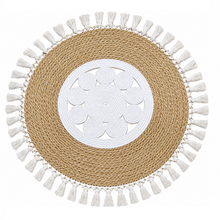 Cargar imagen en el visor de la galería, Alfombra Redonda de Yute Trenzado con Flecos y Centro Blanco | Decoración Boho Natural | 80 y 100 cm
