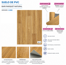Cargar imagen en el visor de la galería, Suelo PVC Adhesivo Imitación Madera Bari Parquet Natural 0,9 mm | Impermeable, Autoadhesivo, Fácil Instalación para Cocina, Baño y Salón
