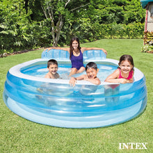 Cargar imagen en el visor de la galería, Piscina hinchable redonda con respaldo, 229x218x79 cm, 590 litros, 2 cámaras de aire, 2 portabebidas, Tapón de desagüe, Vinilo resistente, Parche de reparación, +3 años, Diversión verano (57190) Intex
