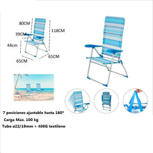 Cargar imagen en el visor de la galería, Silla Alta plegable playa estructura de aluminio tejido Textileno, transpirable y fresco, 7 posiciones 65 x 118 cm - Maxia Market
