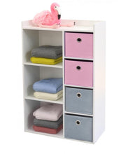 Cargar imagen en el visor de la galería, Mueble de 4 cestas de almacenamiento Junior Infantil madera blanca, Multicolor, 62X29.5X96CM
