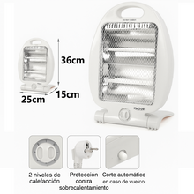 Cargar imagen en el visor de la galería, Estufa Halógena Calefactor portátil de bajo consumo, Calentador eléctrico con 2 potencias: 400W, 800W, de 2 tubos, Para el hogar y oficina
