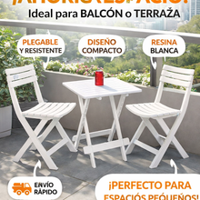 Cargar imagen en el visor de la galería, Juego de Mesa y 2 Sillas Plegables de Resina Blanca para Balcón o Terraza – Conjunto Exterior Compacto y Resistente

