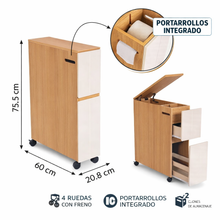 Cargar imagen en el visor de la galería, Mueble de Baño con Ruedas y Portarrollos – Armario Auxiliar Estrecho con 2 Cajones, Almacenaje para Papel Higiénico, MDF Roble y Blanco 60x20,8x75,5 cm
