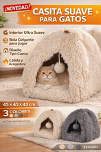 Cargar imagen en el visor de la galería, Casa Cueva para Gatos y Mascotas 45x45x43 cm – Cama Suave de Poliéster con Bola Colgante | Refugio Calentito para Gato o Perro Pequeño | 3 Colores Envío Aleatorio

