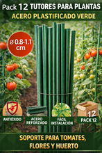 Cargar imagen en el visor de la galería, Pack 12 Tutores para Plantas de Acero Plastificado Verde Ø0.8-1.1 cm | Soporte para Tomates, Flores y Huerto | Varillas Jardín Varios Largos
