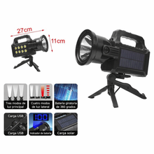Cargar imagen en el visor de la galería, Linterna de Mano LED Recargable Tipo C con Trípode – Carga Solar, Power Bank, 7 Modos de Luz y Pantalla de Batería
