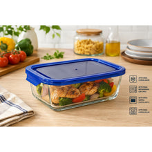 Cargar imagen en el visor de la galería, QUTTIN Set de 3 Fiambreras Hermética de Cristal con Tapa Azul | Táper de Vidrio Borosilicato | Apto para Microondas, Horno, Congelador y Lavavajillas | Rectangular, Cuadrada y Redonda
