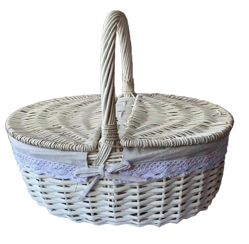 Cesta Mimbre Oval con 2 tapas PUNTILLA Grande Blanco 46 x 33 x 20 con asa 41 cm