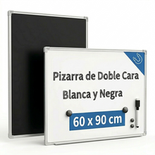 Cargar imagen en el visor de la galería, Pizarra Magnética Doble Cara Blanca y Negra 90x60 cm Marco de Aluminio – Oficina, Casa, Escuela | Planificador, Mensajes y Reuniones | Montaje Horizontal y Vertical
