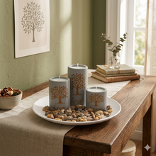 Cargar imagen en el visor de la galería, Portavelas Zen de Madera "Árbol de la Vida" – Set Decorativo con Piedras Naturales y Bandeja Circular (24x24x12cm)
