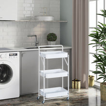 Cargar imagen en el visor de la galería, Carrito de Almacenamiento Multifuncional de Metal Plegable con 3 Niveles y Ruedas – Blanco o Negro
