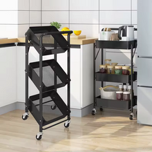 Cargar imagen en el visor de la galería, Carrito de Almacenamiento Multifuncional de Metal Plegable con 3 Niveles y Ruedas – Blanco o Negro
