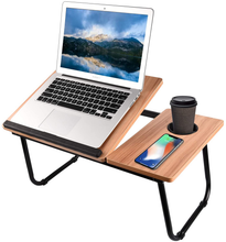 Cargar imagen en el visor de la galería, Mesita Multiuso Plegable de Madera – Escritorio Portátil para Cama o Sofá con Soporte Ajustable, Portavasos y Patas Plegables (55x32,5x25 cm)
