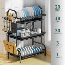 Cargar imagen en el visor de la galería, Estantería Escurridor de Platos de 3 Niveles para Cocina | Estructura Metálica con Bandeja de Plástico, Porta Cubiertos y Soportes Multifuncionales
