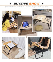 Cargar imagen en el visor de la galería, Mesita Multiuso Plegable de Madera – Escritorio Portátil para Cama o Sofá con Soporte Ajustable, Portavasos y Patas Plegables (55x32,5x25 cm)
