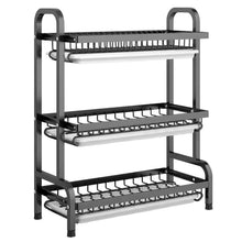 Cargar imagen en el visor de la galería, Estantería Escurridor de Platos de 3 Niveles para Cocina | Estructura Metálica con Bandeja de Plástico, Porta Cubiertos y Soportes Multifuncionales
