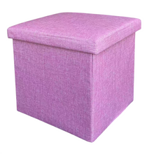 Cargar imagen en el visor de la galería, Puf Reposapiés con Tapa Acolchada 38x38x38 cm – Taburete Plegable con Almacenamiento – Puf Auxiliar Efecto de Lino
