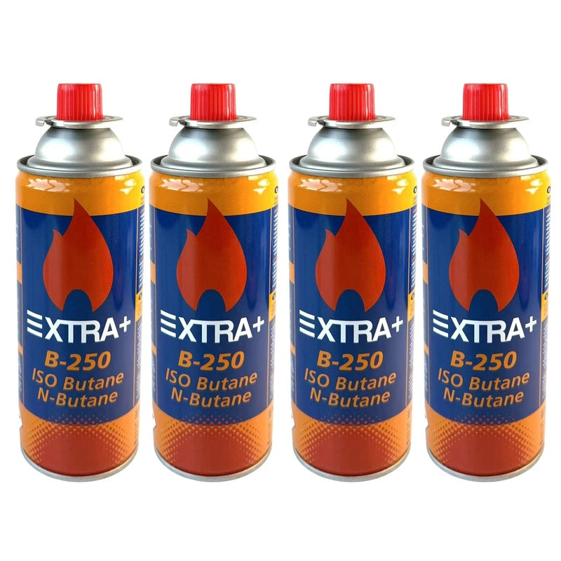 Cartucho de Gas ISO-250 Butano y N-Butano 227g 400ml, Bombona gas, Recambio Lata Gas para Hornillo portátil de camping o Soplete Quemador - XTRA+