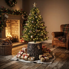 Cargar imagen en el visor de la galería, Soporte para Árbol de Navidad con Diseño de Tronco de Madera – Base Decorativa de Resina y Hierro para Árboles de hasta 180 cm
