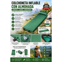 Cargar imagen en el visor de la galería, Colchoneta Autoinflable Individual con Almohada Integrada 186x53x2,5 cm | Esterilla de Camping Ultraligera e Impermeable
