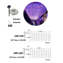 Cargar imagen en el visor de la galería, Cortina de Luces LED Solar con Cable Transparente 8 Funciones IP44 para Decoración de Navidad
