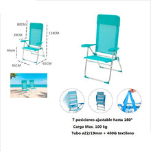 Cargar imagen en el visor de la galería, Silla Alta plegable playa estructura de aluminio tejido Textileno, transpirable y fresco, 7 posiciones 65 x 118 cm - Maxia Market
