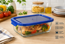 Cargar imagen en el visor de la galería, QUTTIN Fiambrera Hermética de Cristal con Tapa Azul | Táper de Vidrio Borosilicato | Apto para Microondas, Horno, Congelador y Lavavajillas | Rectangular, Cuadrada y Redonda | 300-1500 ml
