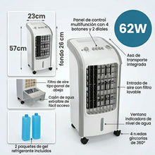 Cargar imagen en el visor de la galería, Ventilador de Torre función de Viento enfriador Enfriador de Aire Evaporativo 62W Portátil con Depósito de Agua, 3 Velocidades, Oscilación y Ruedas – Climatizador Compacto 23x26x57 cm
