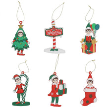 Cargar imagen en el visor de la galería, Set de 6 Adornos Navideños de Madera Elfos (13 cm) - Colgantes para Árbol de Navidad

