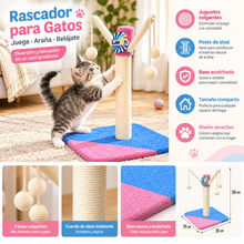 Cargar imagen en el visor de la galería, Rascador para Gatos de 50 cm con Base Acolchada y Juguetes Colgantes, Poste de Sisal para Arañar, Rosa y Azul
