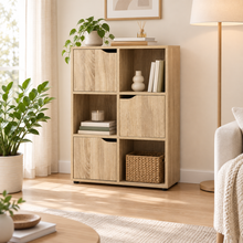 Cargar imagen en el visor de la galería, Estantería de Madera Moblkit con 6 Compartimentos y 3 Puertas, Mueble Auxiliar Organizador de Almacenamiento, Acabado Mate, 60x29x90 cm
