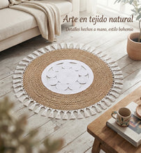 Cargar imagen en el visor de la galería, Alfombra Redonda de Yute Trenzado con Flecos y Centro Blanco | Decoración Boho Natural | 80 y 100 cm
