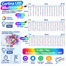 Cargar imagen en el visor de la galería, Cortina de Luces LED Multicolor, Blanco Cálido y Blanco Frío con Pilas | Cable Transparente | 8 Funciones y Temporizador | Interior y Exterior | Navidad | Kmt Style
