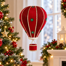 Cargar imagen en el visor de la galería, Adorno Navideño Colgante Globo Aerostático Rojo - Decoración de Navidad de Poliéster, Plástico y Espuma con Detalles Brillantes (16x27 cm)
