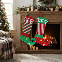 Cargar imagen en el visor de la galería, Set de 2 Calcetines Navideños, Botas de Navidad Colgantes – Diseños Navideños con Estilo en Tela de Cáñamo (28x54 cm) y Estilo Pie de Elfo (24x40 cm)
