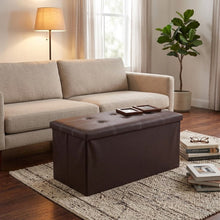 Cargar imagen en el visor de la galería, Puf Baúl Almacenaje Plegable 76x38x36 cm - Banco Otomana de Piel Sintética con Tapa Acolchada, Zapatero y Organizador Multiusos para Salón, Dormitorio y Recibidor
