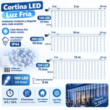 Cargar imagen en el visor de la galería, Cortina de Luces LED Multicolor, Blanco Cálido y Blanco Frío con Pilas | Cable Transparente | 8 Funciones y Temporizador | Interior y Exterior | Navidad | Kmt Style
