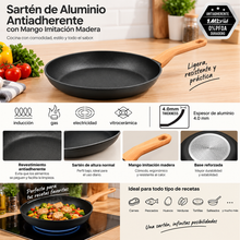 Cargar imagen en el visor de la galería, Sartén de Aluminio Antiadherente con Mango Imitación Madera – Apto para Inducción – 4 mm
