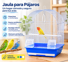 Cargar imagen en el visor de la galería, Jaula para Pájaros Pequeños 30 x 23 x 41.5 cm con Comederos, Percha y Aro de Juego | Cúpula Curva para Canarios y Periquitos - Color Aleatorio
