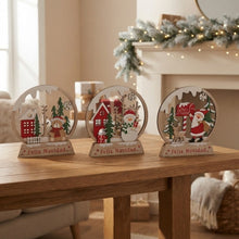 Cargar imagen en el visor de la galería, Set de 3 Adornos Navideños de Madera - Figuras Decorativas Redondas con Base "Feliz Navidad"
