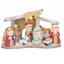 Cargar imagen en el visor de la galería, Nacimiento Infantil de Navidad con Luz LED Cálida, Figura Decorativa de Resina, 15,5 x 26 cm
