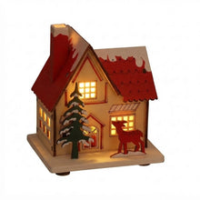 Cargar imagen en el visor de la galería, Casita Nevada de Madera con Luz LED - Decoración Navideña para Pueblo, Figura Iluminada para Interior, Pilas Incluidas
