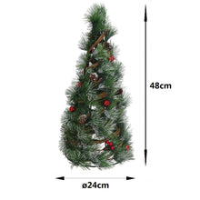 Cargar imagen en el visor de la galería, Árbol de Navidad Cónico de Mesa con Efecto Nieve y Piñas Naturales (24x24x48 cm) - Mini Pino Decorativo con Bayas Rojas y Adornos Rústicos para Hogar y Oficina
