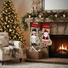 Cargar imagen en el visor de la galería, Set de 2 Calcetines Navideños, Botas de Navidad Colgantes – Diseños Navideños con Estilo en Tela de Cáñamo (28x54 cm) y Estilo Pie de Elfo (24x40 cm)
