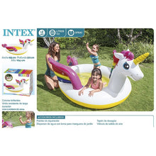 Cargar imagen en el visor de la galería, Intex Piscina hinchable unicornio, 193x272x104 cm, 151 litros, Con spray de agua, Conector para manguera, Vinilo resistente, Tapón de desagüe, Parche incluido, Uso exterior, +2 años (57441)
