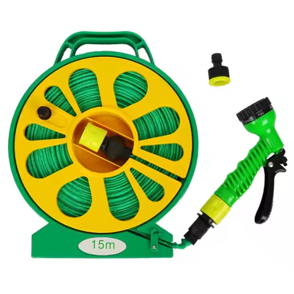 Manguera de Riesgo de Jardín con Soporte y Pistola Rociadora de 7 Funciones, Conectores de 1/2 y 3/4 Pulgadas, Manguera de Riego con Carrete Resistente Ligero y Potatíl 15 m