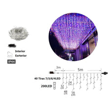 Cargar imagen en el visor de la galería, Cortina de Luces LED de Navidad 200 LED – 5 m, 40 Tiras, 8 Funciones interior y exterior
