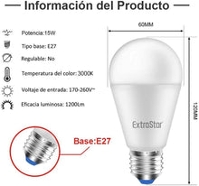 Cargar imagen en el visor de la galería, Pack 6 Bombillas LED 15W E27 1200 lúmenes Casquillo Gordo, Luz Cálida, Frio
