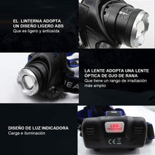 Cargar imagen en el visor de la galería, Linterna de cabeze frontal led 3 posiciones con pilas recargables 800LM Acampada
